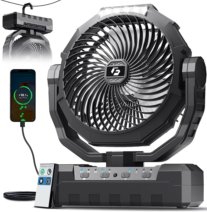 FRIZCOL 3-in-1 Camping Fan - Portable Fans Rechargeable - 24000mAh Battery Powered Fan(105Hrs) with Light & Remote for Indoor, Outdoor, Tent, Travel, Fishing, Jobsite, Gifts for Men Dad Him - Black