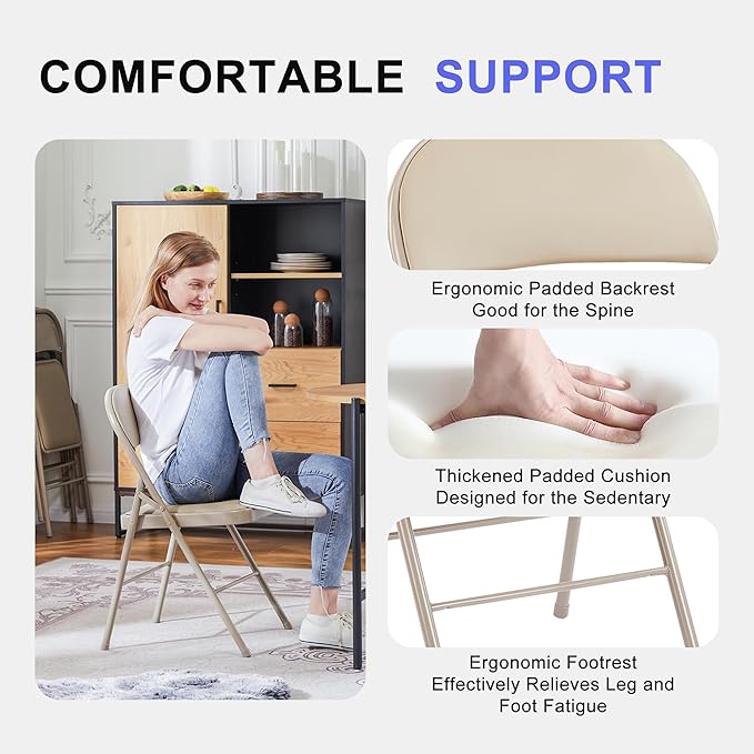Folding Chairs 2 Pack, Portable Stackable Commercial Chair, Indoor Outdoor Padded Leather Chair with Sturdy Metal Frame, for Home, Office, or Party Events. (Kahki, 2 Pack)