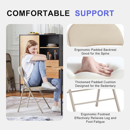 Folding Chairs 2 Pack, Portable Stackable Commercial Chair, Indoor Outdoor Padded Leather Chair with Sturdy Metal Frame, for Home, Office, or Party Events. (Kahki, 2 Pack)