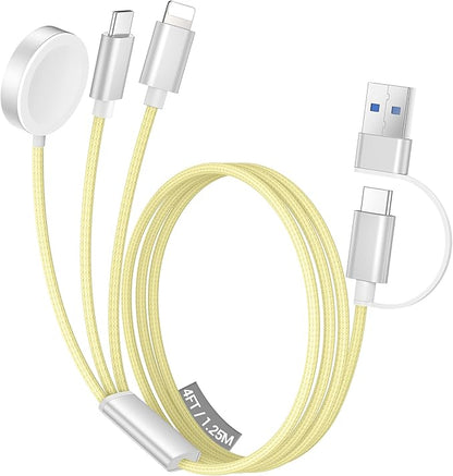 Temdan for Travel Vacation Essentials,3 in 2 USB C Cable for Apple Watch Charger/iPhone 17 Charger/Lightning,Multi Charging Cable Cord,Camping Essentials,Designed for iWatch &iPhone 16-12-4FT Yellow