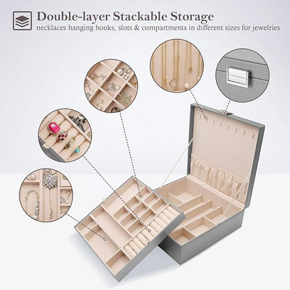 ProCase Jewelry Box for Women, 2 Layers Large Leather Jewelry Organizer Storage Case with Removable Pad for Earrings -Grey