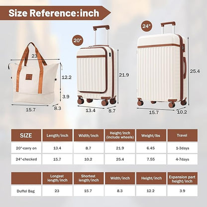 Merax Luggage Sets Front Opening, 2 Piece Hardshell Suitcase with Spinner Wheels and Bags,Lightweight Carry on Luggage with USB Port,20+24,White and Brown
