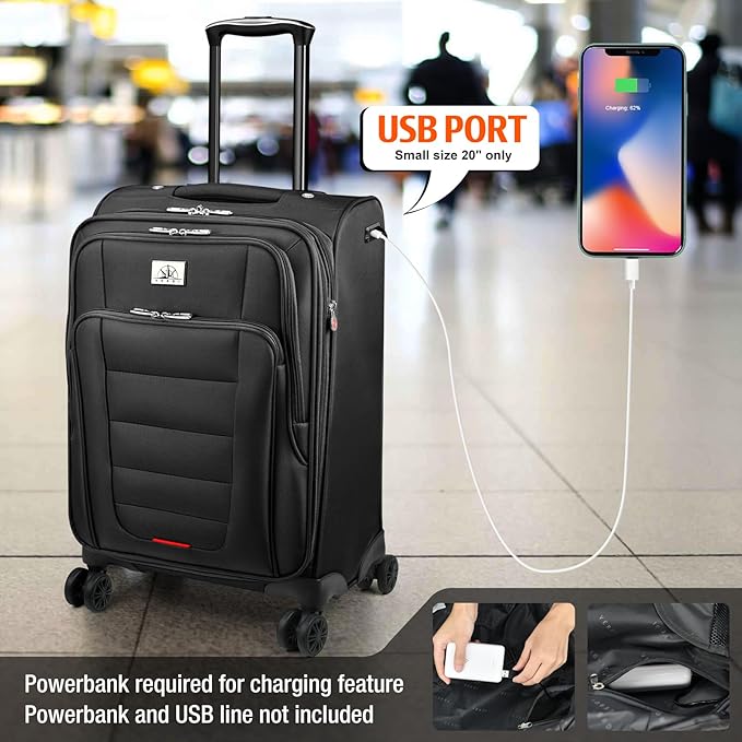 Verdi Luggage Set 3-Piece Suitcase with Spinner Wheel Softside Expandable, Carry On Luggage with USB Port (Black, 3-Piece set(20/24/28))