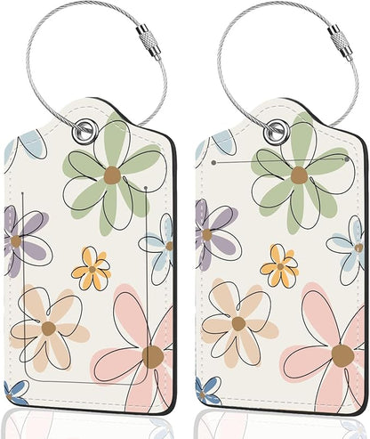 2Pack Luggage Tags for Suitcases, Cute Unique Pu Leather Cruise Luggage Tag with Privacy Cover ID Label Address Card and Metal Ring Suitable for Women Men Kids Travel Bag Linear Flower
