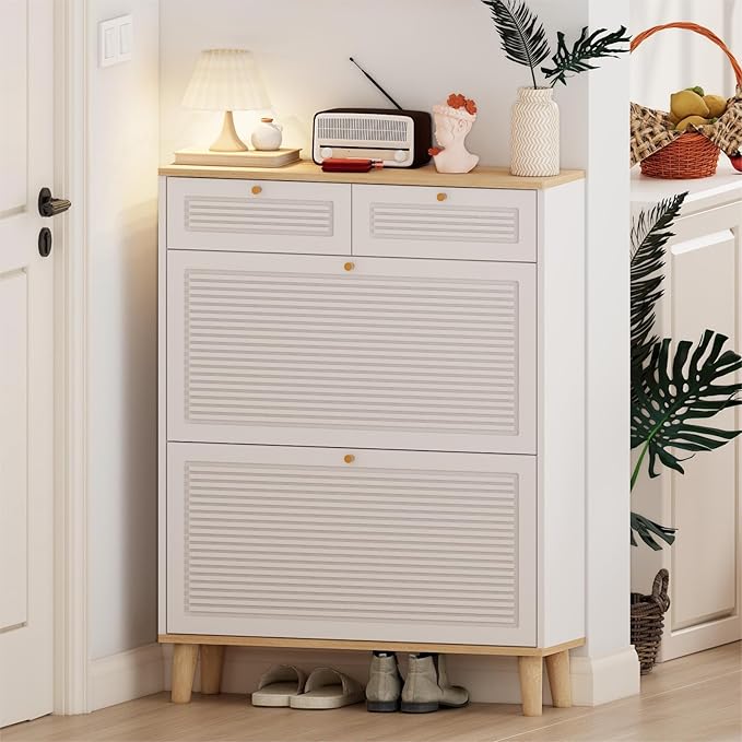 Spaco Shoe Storage Cabinet with 2 Flip Drawers for Entryway,Narrow Shoe Rack Organizer Cabinet with Oak Top and 2 Storage Drawers for Hallway,Entrance