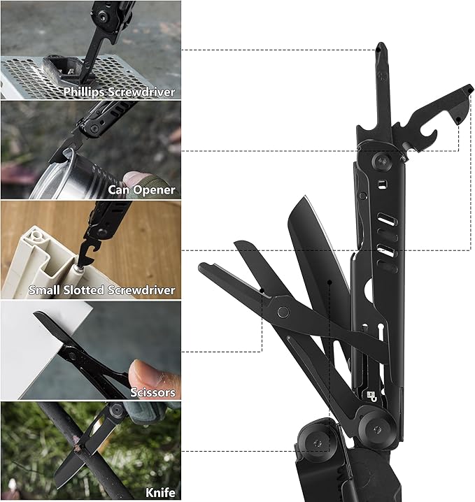FLISSA 15-in-1 Multi-tool Pliers with Sheath, Portable Pocket Knife with Safety Locking System, Belt Clip and Sheath for Outdoors, Survival, Camping, Fishing, Hunting – Ideal Christmas Gift for Man