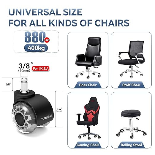 2 Inch Replacement Office Chair Wheels for IKEA Chair, Computer Gaming Castor for Carpet, Stem 3/8-7/8, Set of 5 for Furniture Hardwood Hard Floors Chair Caster Tile Smooth Safe Quiet Rolling,(Black)