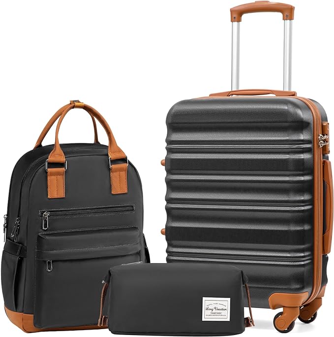 LONG VACATION Carry On Luggage Sets 3 Piece 20 Inch Suitcase Set, ABS+PC Hardshell Lightweight Travel Luggage with Spinner Wheels & YKK Zipper TSA Lock (20 INCH (BP/TB), BLACK-BROWN)