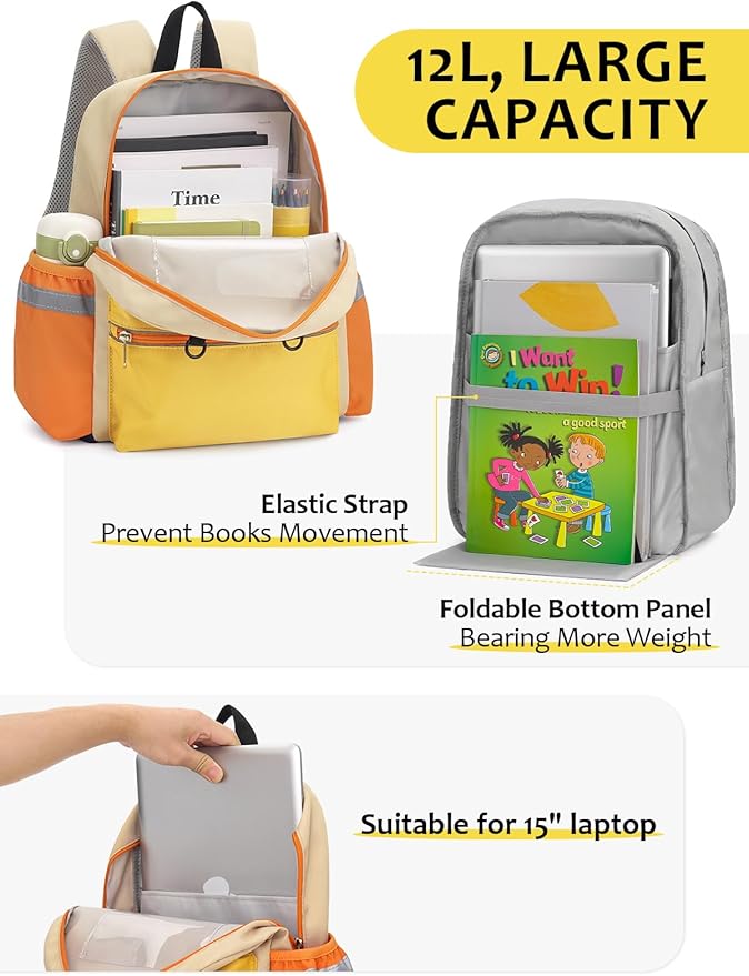 Kids Backpack for Boys Girls, Toddler Backpack for Preschool Kindergarten, 15inch Elementary School Bookbag with Reflective for Ages 6-8, Yellow