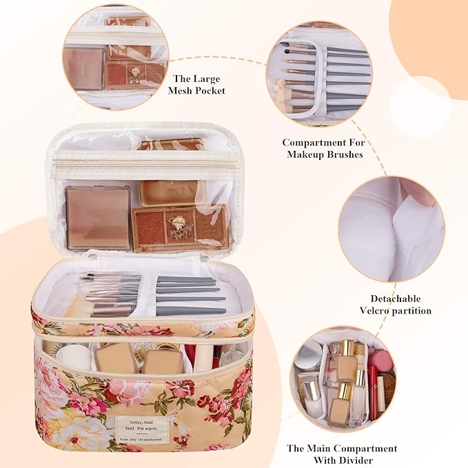 Makeup bag, Large Cosmetic Bag for Women Girls, Cute Quilted Makeup Bags, Floral Coquette Aesthetic Toiletry Bag, Travel Make Up Organizer Bag (Pink Flowers)