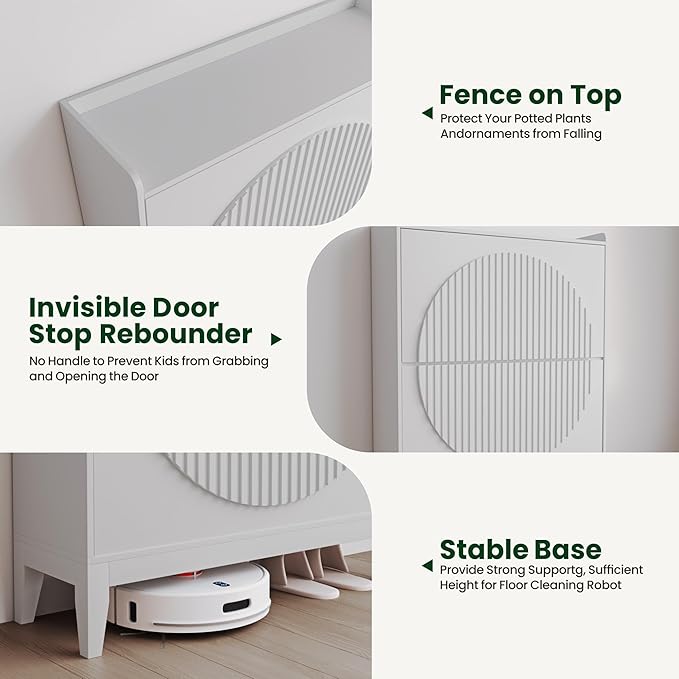 Shoe Cabinet with 2 Flip Drawers, Narrow Wooden Shoe Storage Cabinet for Entryway, Free-Standing Shoe Organizer with Rattan-Style Doors, Space-Saving Shoe Rack for Heels, Boots & Slippers(White)