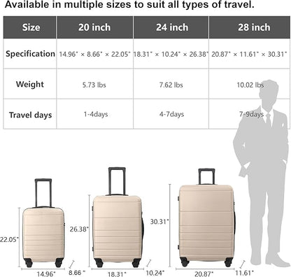3-Piece Luggage Sets (20", 24", 28"), Suitcase with Wheels, Hardside Suitcase With Four Spinner Wheels and Scratch-Resistant Surface (ABS Hardshell, Beige)