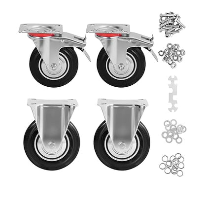 3 Inch Caster Wheels Set of 4, Heavy Duty Casters with Brake, Rubber Locking Casters for Cart, Workbench,Black (3"(2 Fixed+ 2 Swivel with Brake), 4)
