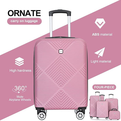 Luggage 4 Piece Set, Hardshell ABS Suitcase Set with Double Spinner Wheels, Lightweight Suitcase, Carry On and Checked Travel Luggage,Rose Pink