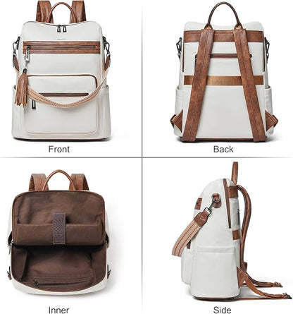 Shrrie 15.6 inch Laptop Backpack for Women,Large Leather Backpack Purse,Travel,Carry on,Water Resistant Casual Laptop Backpacks,College Backpack,Work Backpack for Women,Beige with Brown