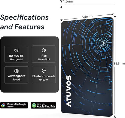 ATUVOS Dual-System Air Card Tag 1 Pack, Rechargeable Wallet Tracker Compatible with Android Google Find Hub or iOS Apple Find My APP, Smart Item Finder Locator for Wallet/Luggage/Passport
