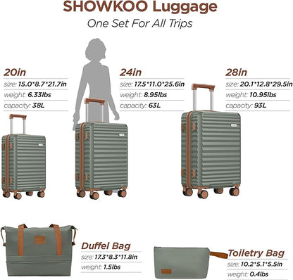 SHOWKOO Luggage Sets 3 Piece Hardside Expandable Suitcase with Double Spinner Wheels Tsa Lock, (Green, 5 piece set)