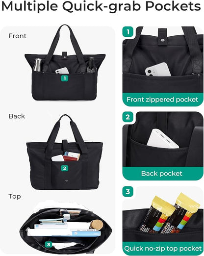 BAGSMART Tote Bag for Women, Foldable Tote Bag With Zipper Travel Large Shoulder Bag Handbag for Work-16.5''l X 6''wx 14''h