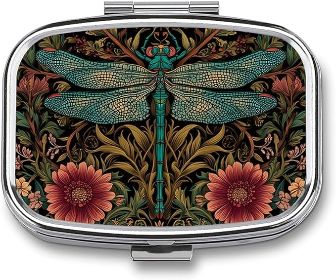 Metal 2 Compartment Pill Organizer Travel Friendly Portable Compact Pill Box Cute Pill Case,for Pocket Wallets Daily Portable Medicine Vitamin Tablet Storage (Dragonfly)