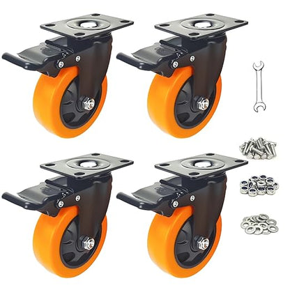 3 Inch Caster Wheels, Heavy Duty Casters Set of 4, Locking Top Plate Casters with Brake, Industrial Swivel Caster Wheels for Furniture and Workbench