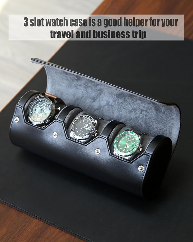 watch box organizer for mens watch case travel roll Portable 3 Watch Display Storage with Velvet Sections to Holder Large Watch (Black)