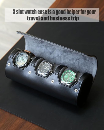 watch box organizer for mens watch case travel roll Portable 3 Watch Display Storage with Velvet Sections to Holder Large Watch (Black)