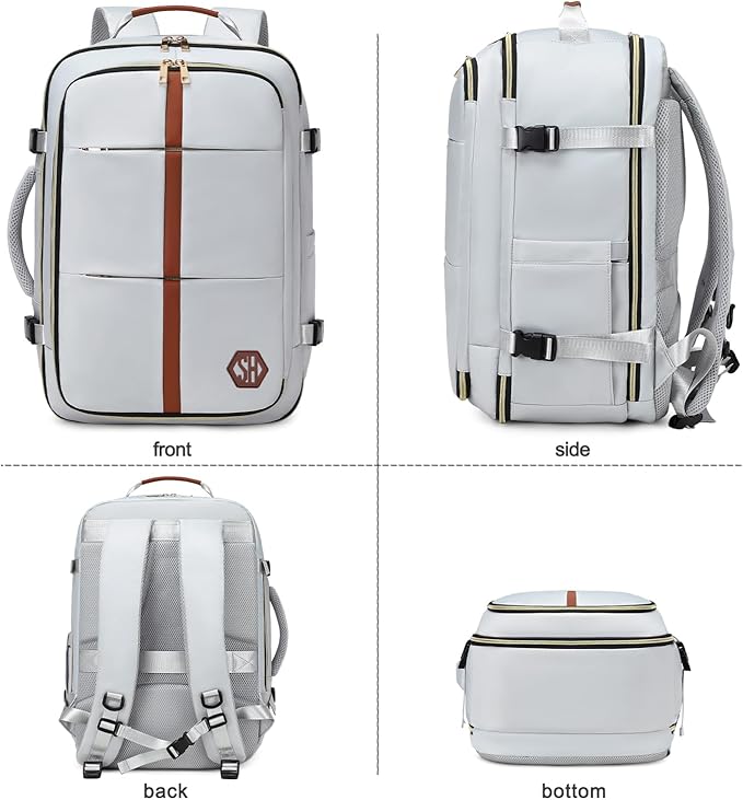 40L Travel Laptop Backpack for Women & Men, Airline Approved Carry On Luggage Overnight Bags, Waterproof Personal Item Bag, Weekender Essentials Backpacks Vacuum Backpack Gray White