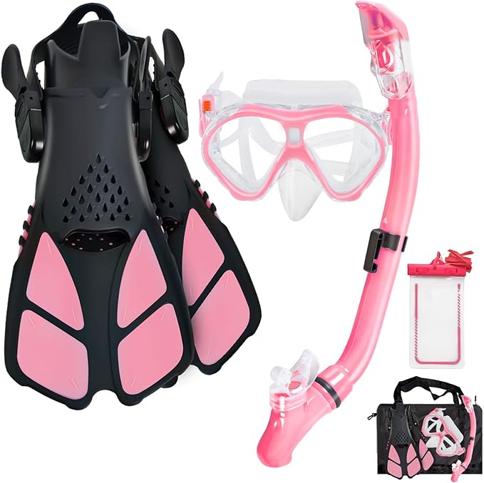 Kids Snorkeling Set Children Mask Fin Snorkel Set Snorkeling Gear Snorkel Mask + Adjustable Swimming Kids Flippers+ Dry Snorkel Tube + Travel Bags