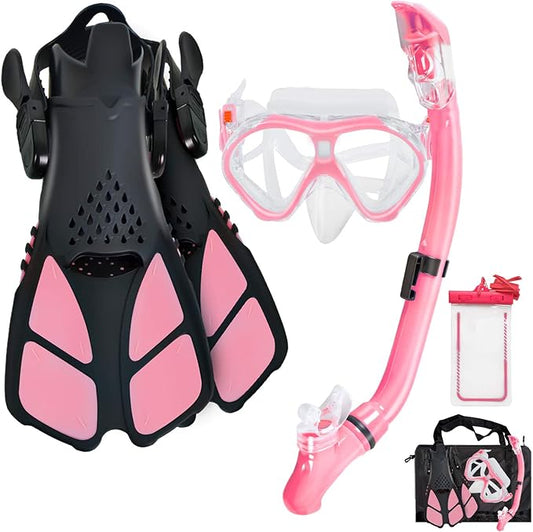 Kids Snorkeling Set Children Mask Fin Snorkel Set Snorkeling Gear Snorkel Mask + Adjustable Swimming Kids Flippers+ Dry Snorkel Tube + Travel Bags