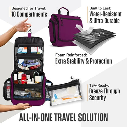 VENTURE 4TH Hanging Travel Toiletry Bag for Women & Men – Large Toiletry Organizer with 18 Compartments, Removable TSA Pouch, Travel Wash Bag for Toiletries, Makeup & Shaving Kit (Purple)