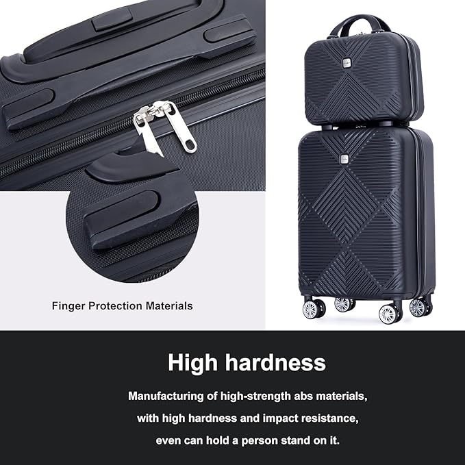 2 Piece Carry on Luggage Set, Airline Approved 20 Inch Luggage with Cosmetic Case Hard Shell Suitcase with Spinner Wheels, Lightweight Hardside Suitcases Set, Dark Black