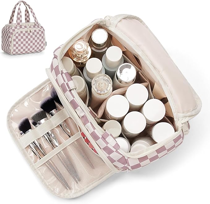 Narwey Large Travel Toiletry Bag, Wide-open Travel Bag for Toiletries, Toiletry Bags for Traveling Women, Cosmetic Make Up Makeup Bag Organizer with Wet Pocket, Skincare Bag (Dusty Pink Checkerboard)