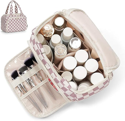 Narwey Large Travel Toiletry Bag, Wide-open Travel Bag for Toiletries, Toiletry Bags for Traveling Women, Cosmetic Make Up Makeup Bag Organizer with Wet Pocket, Skincare Bag (Dusty Pink Checkerboard)