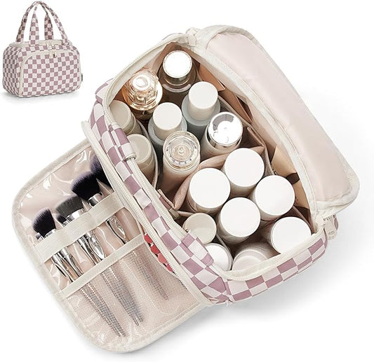 Narwey Large Travel Toiletry Bag, Wide-open Travel Bag for Toiletries, Toiletry Bags for Traveling Women, Cosmetic Make Up Makeup Bag Organizer with Wet Pocket, Skincare Bag (Dusty Pink Checkerboard)