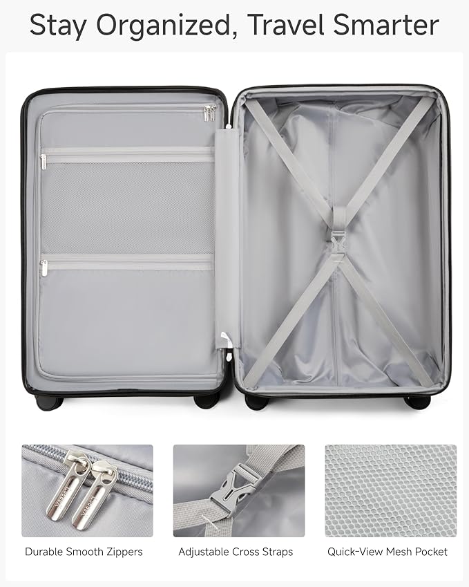 24 Inch Luggage with Spinner Wheels, KVC Expandable Hardside Medium Checked Suitcase (EX-Core, Charcoal Metallic, 24 Inch, 70L-76L)