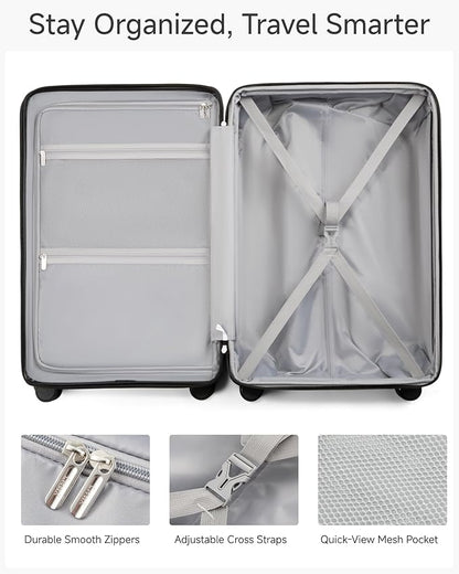 24 Inch Luggage with Spinner Wheels, KVC Expandable Hardside Medium Checked Suitcase (EX-Core, Charcoal Metallic, 24 Inch, 70L-76L)