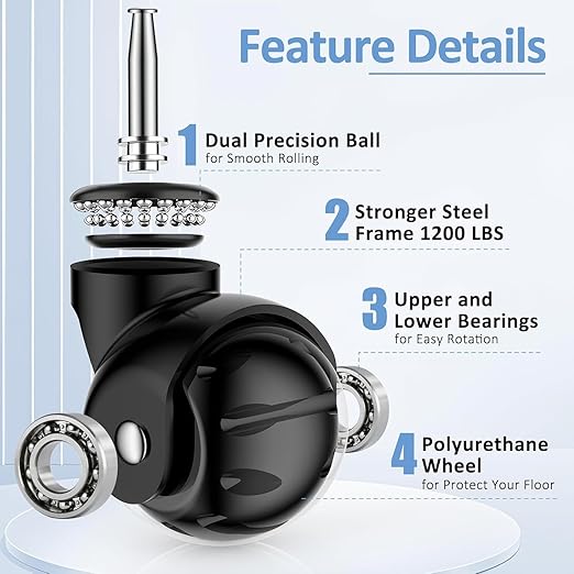 2 Inch Ball Caster Wheels - Stem Casters Set of 4,Heavy Duty 1200 LBS,360° Swivel,Non Marking Polyurethane,Black Replacement Castors for Furniture, Cabinet, Cart,Coffee Table (Premium Black)