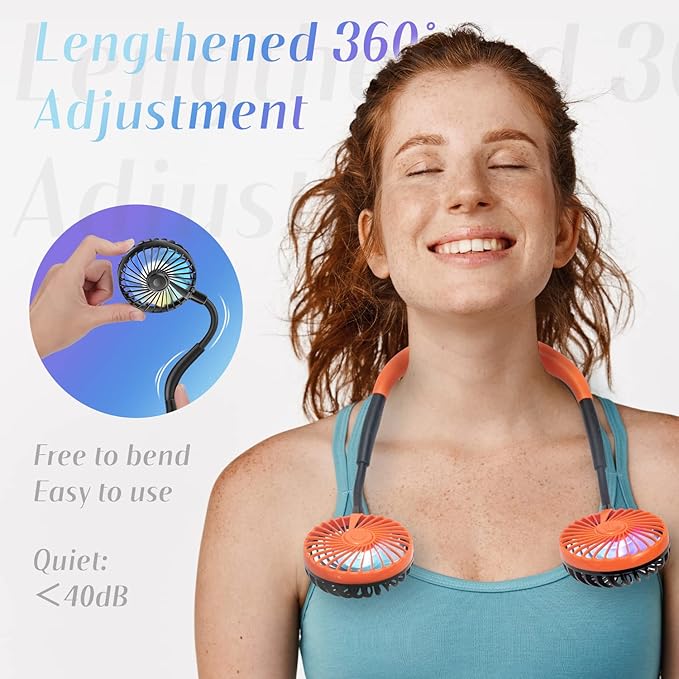 VAGAU Portable Cooling Neck Fan, Rechargeable USB With Colorful LED Lights, 360 Rotation, Wearable Air Conditioner for Office Travel Sport, 3 Adjustable Speeds (Orange)