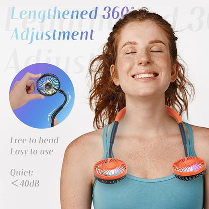 VAGAU Portable Cooling Neck Fan, Rechargeable USB With Colorful LED Lights, 360 Rotation, Wearable Air Conditioner for Office Travel Sport, 3 Adjustable Speeds (Orange)