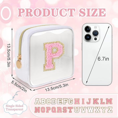 Mini Clear Personalized Initial Makeup Bag,Small Nylon Waterproof Zip Beach Cosmetic Pouch,Preppy A-Z Chenille Letter Patch Cute Coin Purse Travel Toiletry Bag Car Pack Bag for Women(White-Pink P)