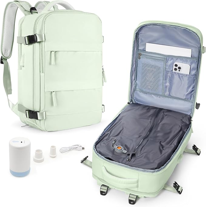 wepadre Vacuum Travel Backpack with Pump Travel Backpack with Vacuum System Easy Vac Pack Backpacks Vacpack Compression Backpacks Mochila de Viaje Compresion al Vacio Mint Green