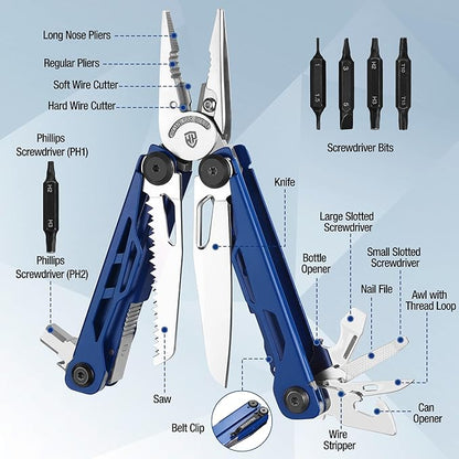 WORKPRO 24-in-1 Mutitool, Stainless Steel Multitool Pliers with Pocket Knife and Screwdrivers, EDC Self-locking Multi Tool with Sheath, Belt Clip for Outdoor Activities, Gifts for Men, Blue