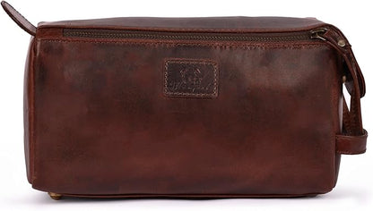 Genuine Leather Travel Toiletry Bag for Men & Women – Premium Water-Resistant Large Dopp Kit, Shaving Organizer & Bathroom Essentials Case - Cherry