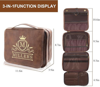 Leather Toiletry Bag For Men, Waterproof PU Leather Dopp Kit, Personalized Hanging Travel Organizer Bag for Father, Husband, Boyfriend (Produced in USA)
