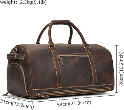 Genuine Full-grain Leather Travel Bag Large Capacity Duffel Luggage Bag with Shoe Compartment, Men Women Weekend Shoulder HandBag for Holiday Trip