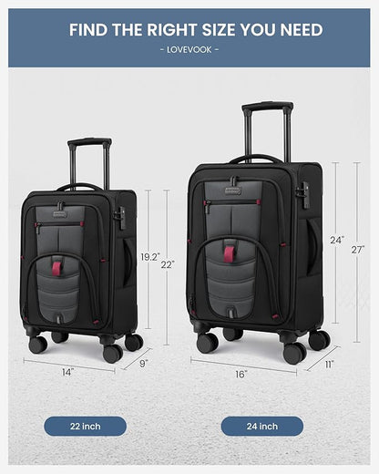 LOVEVOOK Business Softside Checked Luggage with 15.6/17.3 Inch Laptop Compartment, 24 Inch Checked Suitcase with Spinner Wheels Large Capacity Luggage with TSA Lock for Business Trip Travel Grey&Black