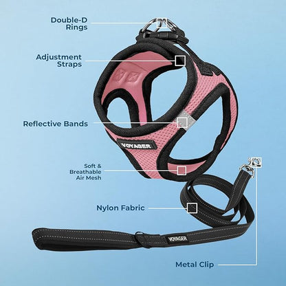 Voyager Step-in Air All Weather Mesh Harness and Reflective Dog 5 ft Leash Combo with Neoprene Handle, for Small, Medium and Large Breed Puppies by Best Pet Supplies - Pink Base,M