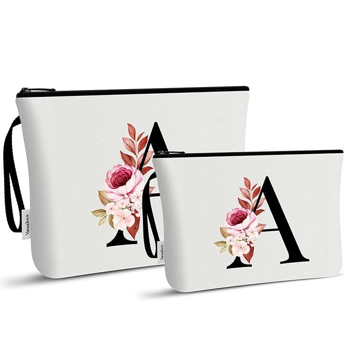Vavabox A-Z Personalized Makeup Bag, Birthday Gifts for Women Mom, Gifts for Best Friend, Bride Bridesmaid Cosmetic bag (A, 03-White Set)