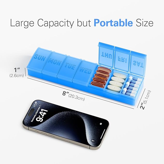 Barhon Pill Organizer Large, Weekly Medicine Pill Organizers, 7 Day Pills Box Case Travel for Big Vitamin Supplements Fish Oil, Light Blue