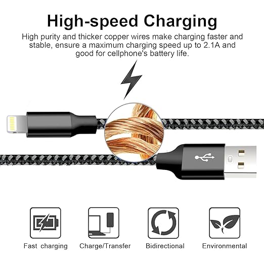 cugunu iPhone Charger, 5 Pack 3/3/6/6/10FT MFi Certified USB Lightning Cable Nylon Braided Fast Charging Cord Compatible for iPhone 14/13/12/11/X/Max/8/7/6/5/SE/Plus/iPad - Black Gray